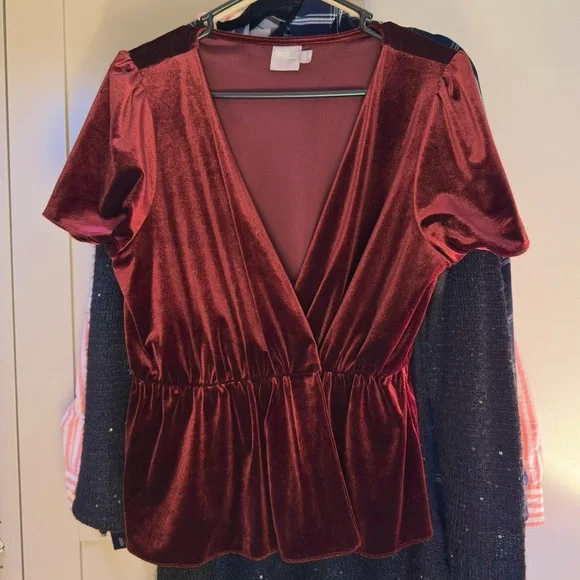 Elegant Velvet V-Neck Top - Maroon - Picture 2 of 5